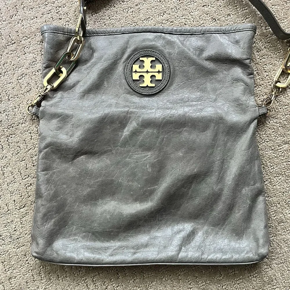 Tory Burch Convertible City Messenger Gray Leather Gold Chain Foldover Crossbody